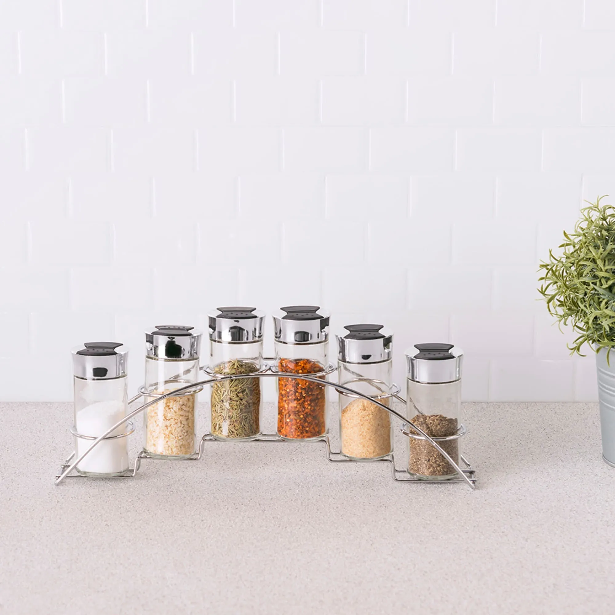 Ultra Sleek Half Moon Steel Seasoning and Herbs Organizing Spice Rack with 6 Empty Glass Spice Jars, Chrome